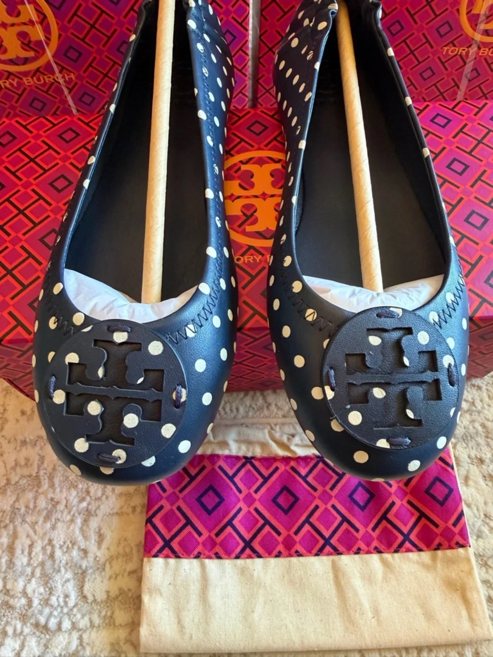 Tory Burch Navy and White Polka Dot Logo Ballet Flats